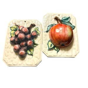 MCM Ceramic Fruit Wall Decor 3D Plaques Set 2 Japan Apple Grapes vintage